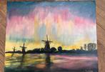 Olieverf schilderij noorderlicht bij Kinderdijk 24x30 cm, Ophalen