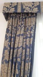 Damast gevoerde blauwe gordijnen, Beige, 200 cm of meer, Ophalen of Verzenden, Zo goed als nieuw