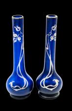 Prachtige jugendstil kobalt blauw glazen & zilveren vaas, Verzenden