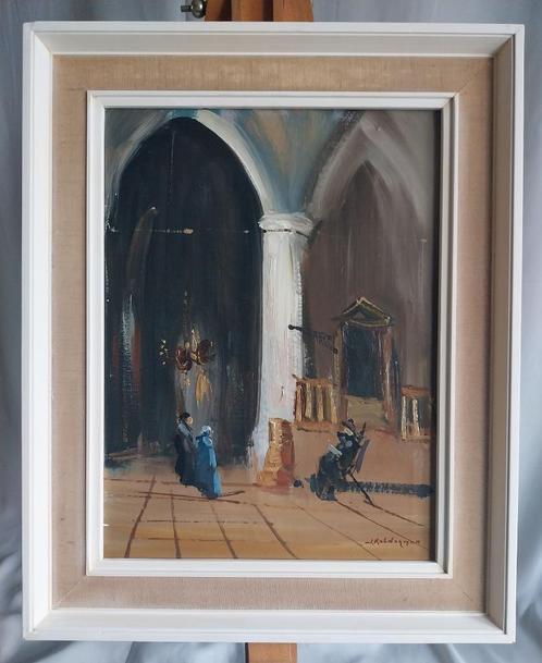 Jan Kelderman (1914 - 1990) - Kerkinterieur - 1960, Antiek en Kunst, Kunst | Schilderijen | Klassiek, Ophalen
