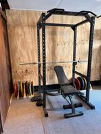 Power Rack + Bank + 157,5kg Gewichten – Powermark Set, Sport en Fitness, Ophalen, Benen, Gebruikt, Krachtstation