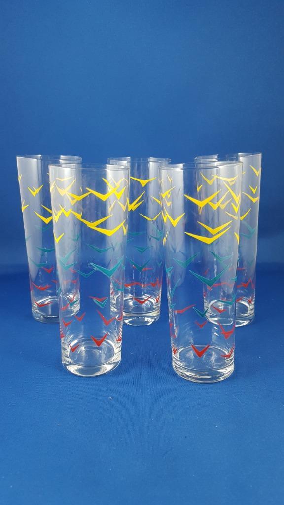5x vintage longdrinkglas limonadeglas, gekleurde vogels 5B12, Huis en Inrichting, Keuken | Servies, Gebruikt, Overige typen, Overige stijlen