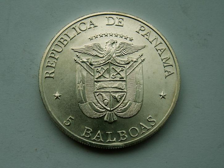 Panama.  5 Balboas - 1972, Postzegels en Munten, Munten | Amerika, Losse munt, Noord-Amerika, Zilver, Verzenden