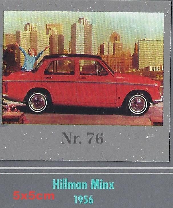 Vp76 verzamelplaatje hillmann minx 1956 -- 5 cm x 5 cm, Ophalen of Verzenden, Zo goed als nieuw, Auto's