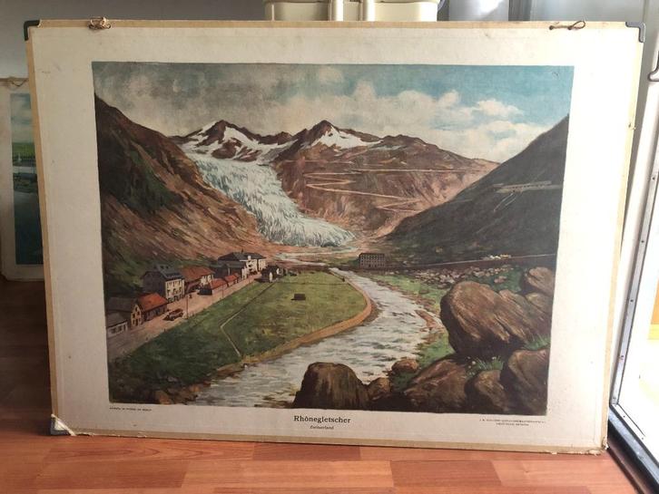 schoolplaat "Rhonegletscher" Zwitserland, Antiek en Kunst, Antiek | Schoolplaten, Aardrijkskunde, Ophalen of Verzenden