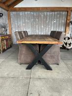 Robuuste eettafel met 6 stoelen – industrieel & stoer design, Ophalen, Gebruikt, Robuust en landelijk, 4 tot 6 stoelen
