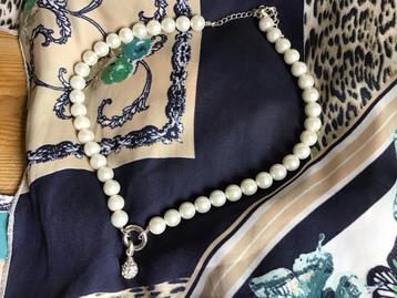 Parel collier, faux parel ketting/Parel oorbellen, zirkonia beschikbaar voor biedingen