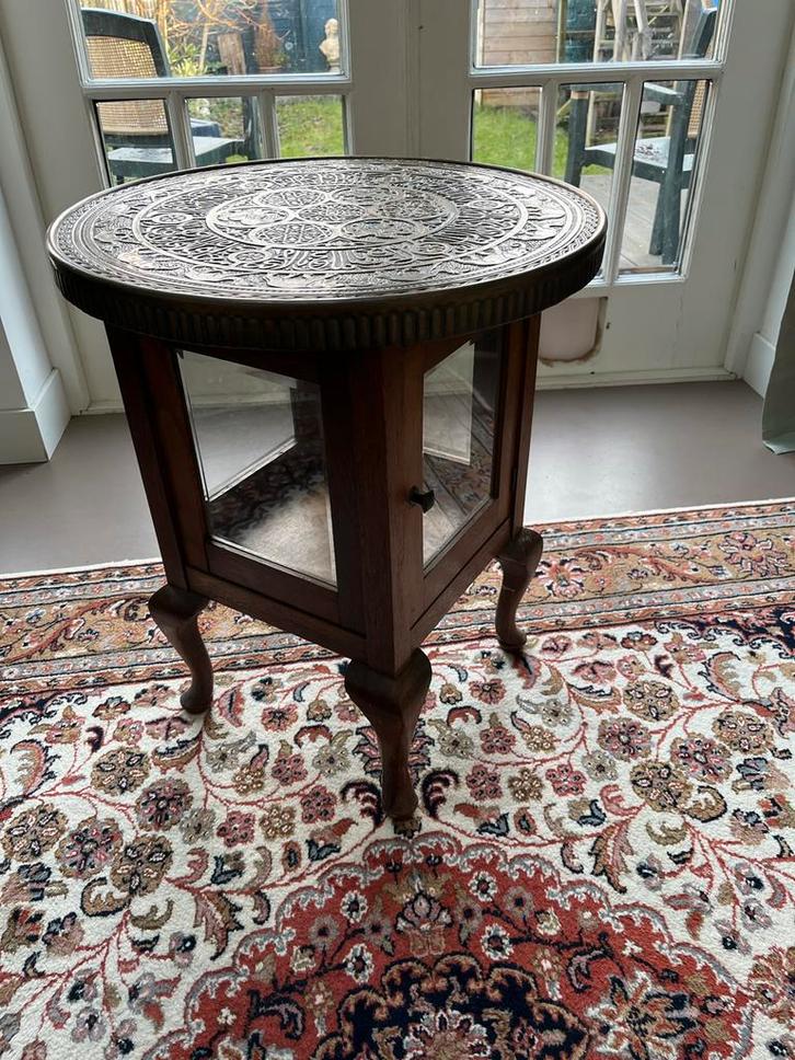 Antieke bijzettafel, koperen perzisch blad, Antiek en Kunst, Antiek | Meubels | Tafels, Ophalen