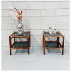 Vintage rotan bijzettafeltjes Bamboe met rookglas, Ophalen, Gebruikt, Minder dan 55 cm, 45 tot 60 cm