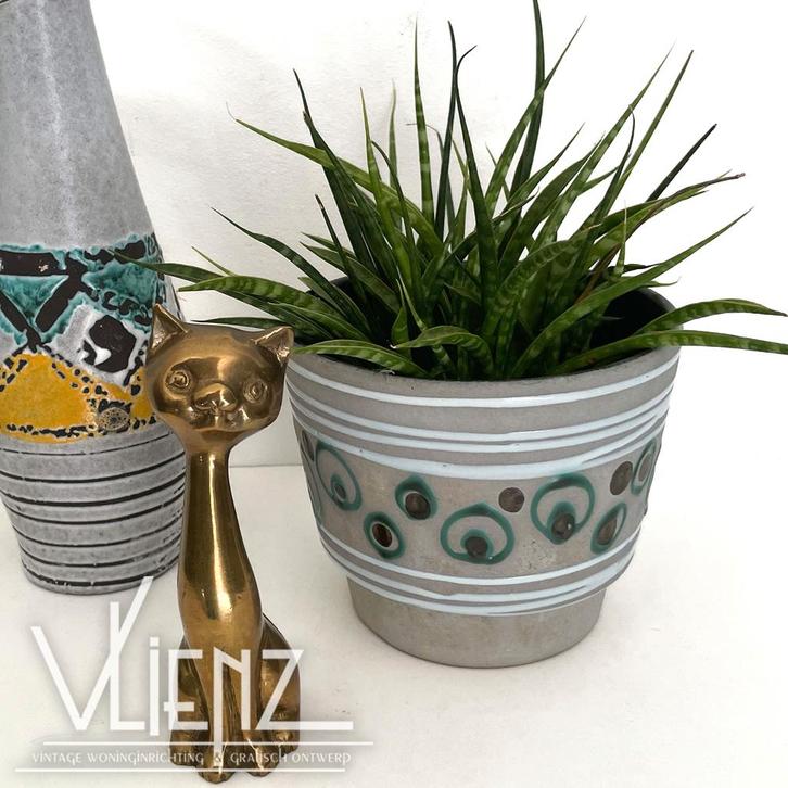 Vintage, midcentury, retro bloempot, cirkels grijs turquoise, Verzamelen, Retro, Huis en Inrichting, Ophalen of Verzenden