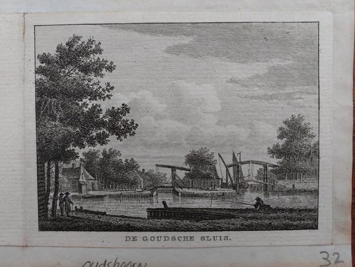 124 De Goudsche Sluis te Oudshoorn Gravure 1792 J. Bulthuis, Antiek en Kunst, Kunst | Etsen en Gravures, Ophalen of Verzenden