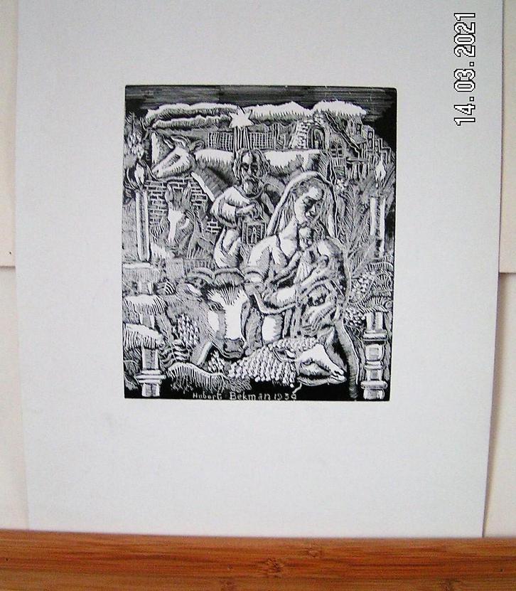 H.Bekman sprachtige Houtgravure Jozef, Maria en kindje Jezus, Antiek en Kunst, Kunst | Etsen en Gravures, Ophalen of Verzenden