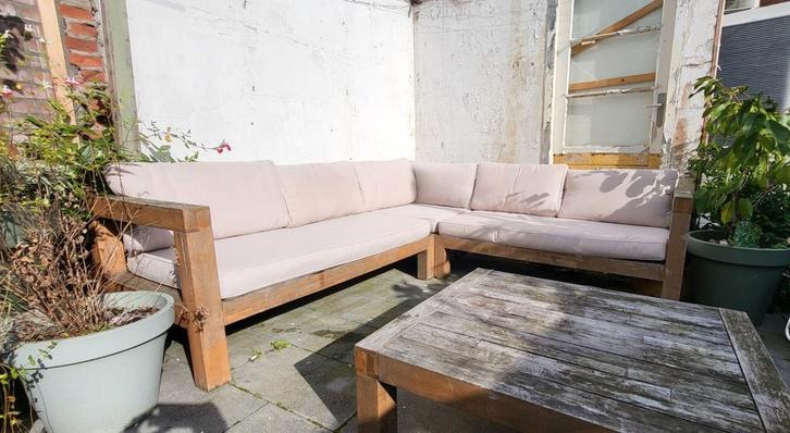 Loungebank buiten - Opknapper met kussens!, Tuin en Terras, Tuinsets en Loungesets, Gebruikt, Loungeset, Hardhout, 5 zitplaatsen