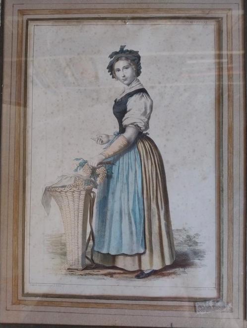 kleurensteendruk Zwitserse druivenplukster, 19e eeuw, Antiek en Kunst, Kunst | Schilderijen | Modern, Ophalen of Verzenden