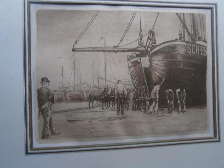 KAREL KOK< ets Gebr. Glas, Schepen Lossen Schev. a/i 1900, Antiek en Kunst, Kunst | Etsen en Gravures, Ophalen of Verzenden