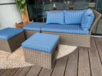 Loungeset bruin kunststof vlechtwerk met blauwe kussen, Tuin en Terras, Wicker, 4 zitplaatsen, Bank, Zo goed als nieuw