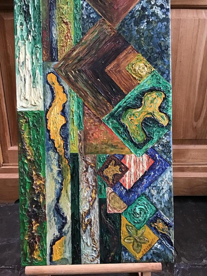 Abstract Schilderij, Gesigneerd, 80x33cm, Antiek en Kunst, Kunst | Schilderijen | Abstract, Ophalen of Verzenden