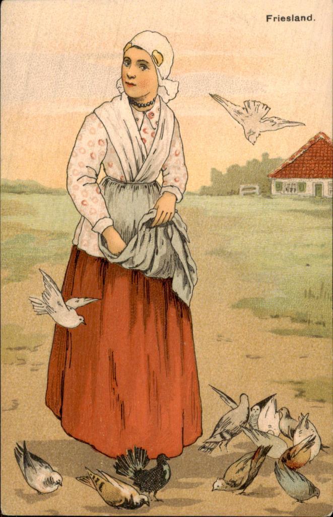 Friesland - Vrouw die Vogels voert, Verzamelen, Ansichtkaarten | Nederland, Gelopen, Friesland, Voor 1920, Ophalen of Verzenden
