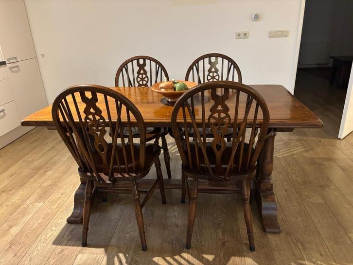 Houten eettafel eiken met 4 Windsor stoelen, Huis en Inrichting, Tafels | Eettafels, Gebruikt, 50 tot 100 cm, 150 tot 200 cm, Vier personen