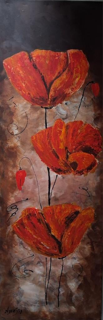 Kleurrijk schilderij met rode klaprozen, Ophalen of Verzenden