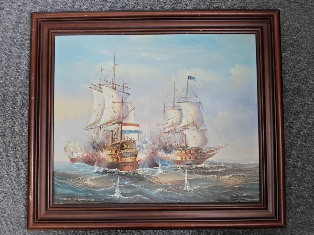 Schilderij van J. Harvey - Schepen op zee, Antiek en Kunst, Ophalen of Verzenden