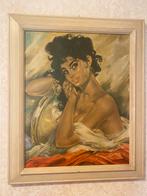 Vintage Schilderij meisje met tamboerijn, Ophalen of Verzenden