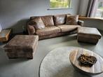 Leren 4-zits bank + 2 hockers - Kentucky Africa tabac, Huis en Inrichting, Ophalen, Gebruikt, Rechte bank, 200 tot 250 cm