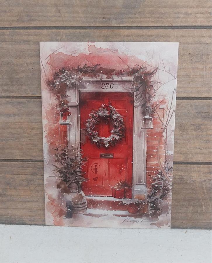 Vintage look kerst-kaart versierde deur in kerstsfeer, Verzamelen, Ansichtkaarten | Themakaarten, Ongelopen, 1980 tot heden, Feest(dag)