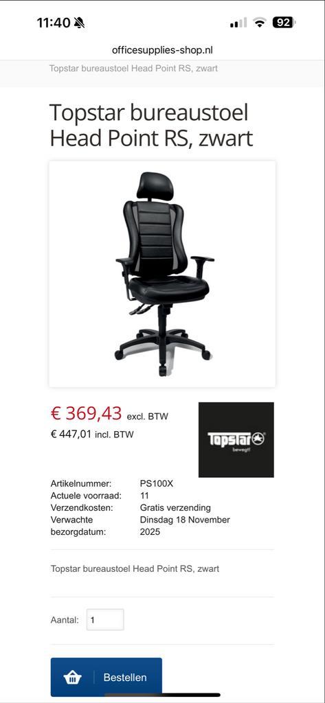 Topstar Bureaustoel Head Point RS - Ergonomisch, Huis en Inrichting, Bureaustoelen, Zo goed als nieuw, Bureaustoel, Zwart, Ergonomisch