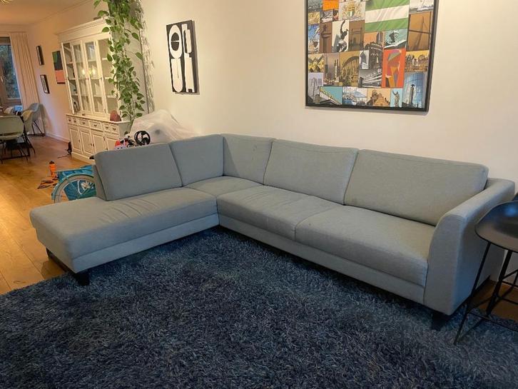 Ijsblauwe hoekbank (287 x 210 cm), Huis en Inrichting, Banken | Bankstellen, Gebruikt, Hoekbank, Vierpersoons of meer, 250 tot 300 cm