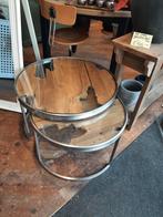 Industriële set ronde salontafels RVS/ruig teakhout/glas, Ophalen, Rond, 50 tot 100 cm, Zo goed als nieuw