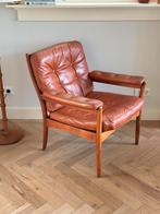 Vintage fauteuil Zweden Göte Möbler bruin leer jaren 50/60, Huis en Inrichting, Fauteuils, Ophalen, 50 tot 75 cm, Gebruikt, Vintage design