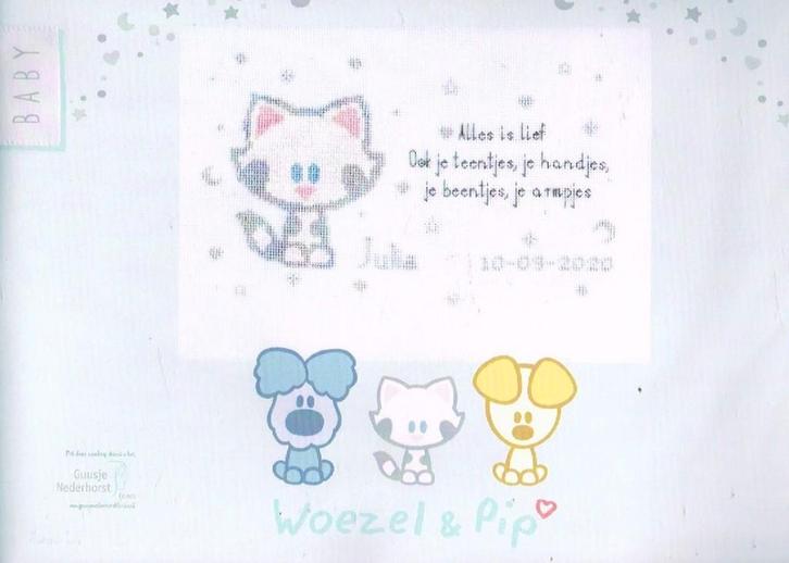 Cado woezel & pip borduurpakket geboorte, met tekst julia, Hobby en Vrije tijd, Borduren en Borduurmachines, Nieuw, Borduurpakket