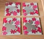 Glazen onderzetters, wit met roze bloemen en spiegel, Ophalen of Verzenden, Gebruikt, Glas of Kopje