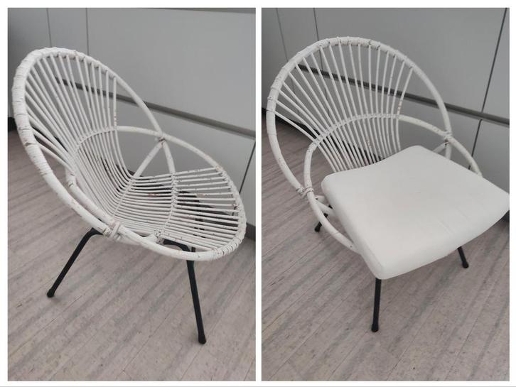 Vintage lounge witte rotan kuipstoel met kussen, Huis en Inrichting, Stoelen, Gebruikt, Eén, Metaal, Riet of Rotan, Stof, Wit