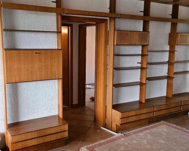Mid century vintage teakhouten modulair wandsysteem, Huis en Inrichting, Kasten | Wandmeubels, Zo goed als nieuw, 200 cm of meer