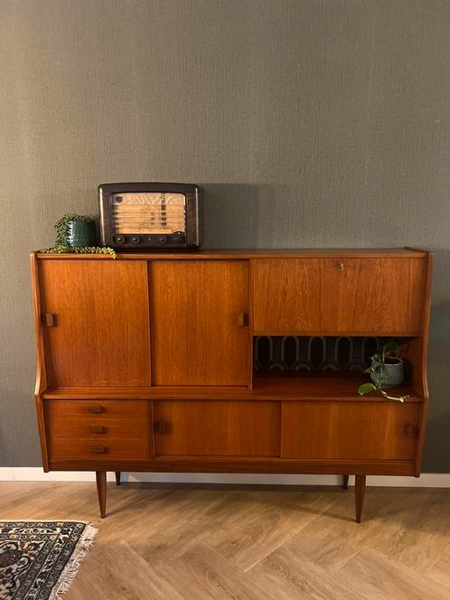 Vintage retro midcentury highboard met artdeco print, Huis en Inrichting, Kasten | Dressoirs, Zo goed als nieuw, 25 tot 50 cm