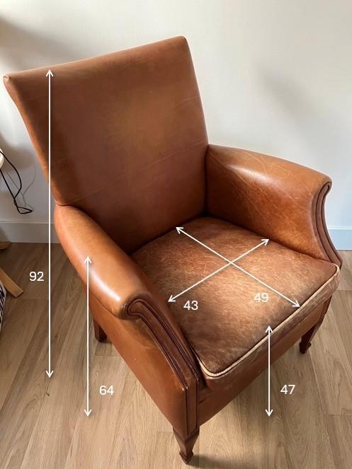 Engelse leren fauteuil ,brocant- Zo goed als nieuw!, Huis en Inrichting, Fauteuils, Zo goed als nieuw, Hout, Leer, 50 tot 75 cm