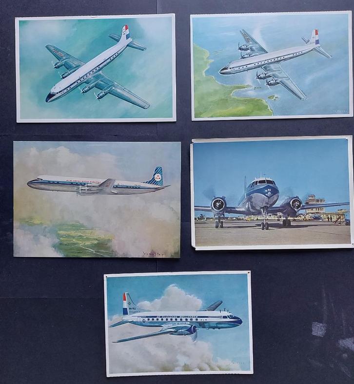 5 ansichtkaarten met diverse KLM toestellen (A229), Verzamelen, Luchtvaart en Vliegtuigspotten, Gebruikt, Kaart, Foto of Prent