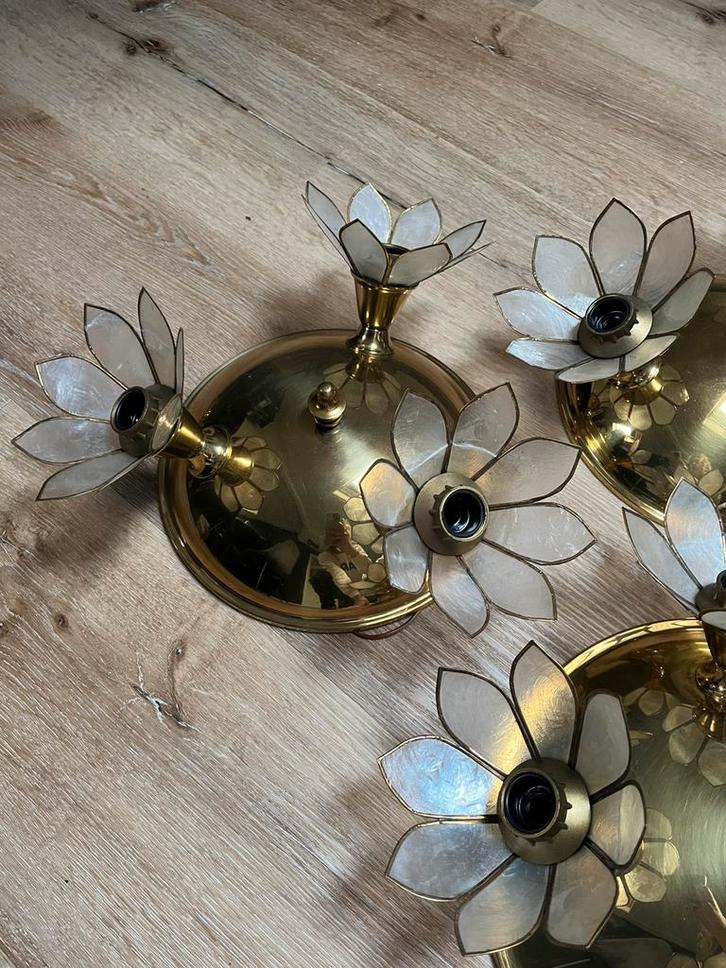 3 Vintage Deknudt Messing Tulp Lamp Parelmoer, Antiek en Kunst, Antiek | Lampen, Ophalen