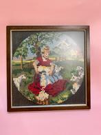 Vintage ingelijst borduurwerk - Herderin met schapen, Ophalen of Verzenden