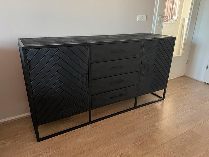 Dressoir mangohout Scandi industrieel visgraat - 165cm, Huis en Inrichting, Kasten | Dressoirs, Gebruikt, 150 tot 200 cm, 25 tot 50 cm