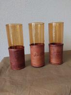 Amberkleurige longdrinkglazen in leren hoesjes, Ophalen of Verzenden