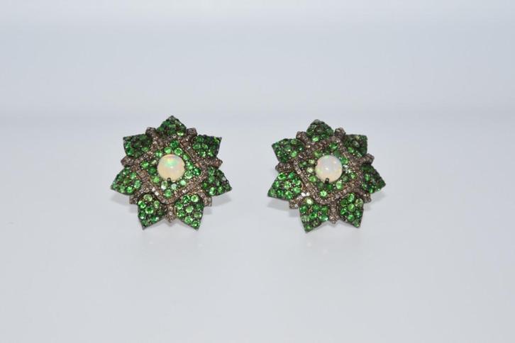 Oorbellen met natuurlijke witte diamant, tsavoriet en opaal, Sieraden, Tassen en Uiterlijk, Oorbellen, Zo goed als nieuw, Hangers