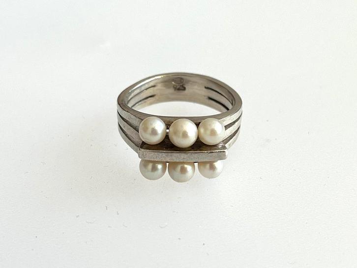 Vintage retro ring zilver Akoya parels, Sieraden, Tassen en Uiterlijk, Kettingen, Zo goed als nieuw, Zilver, Verzenden