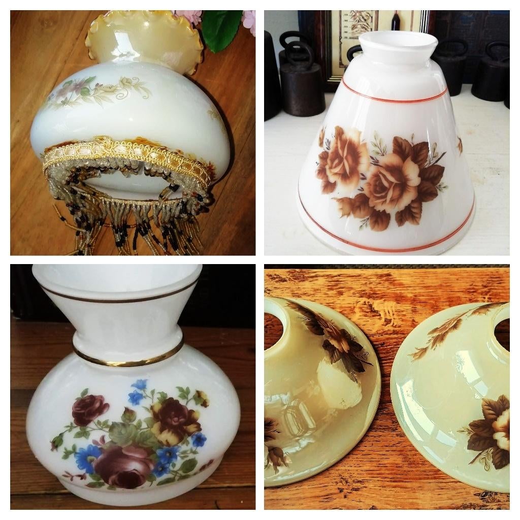 Glazen lampenkapjes melkglas wit bloemen kraaltjes, Ophalen of Verzenden