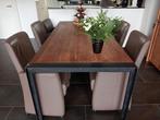 industriële tafel maat zie rekening, met 6 leren stoelen, Huis en Inrichting, Ophalen, Gebruikt, Teakhout, 200 cm of meer