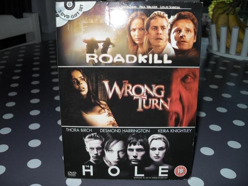 3 DVD BOX MET ROADKILL,WRONG TURN & THE HOLE., Cd's en Dvd's, Dvd's | Horror, Zo goed als nieuw, Overige genres, Boxset, Vanaf 16 jaar