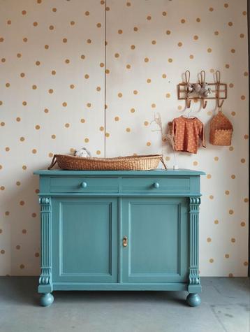 Vintage dressoir / petrol blauw / brocante / massief hout  beschikbaar voor biedingen