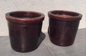 Prachtige bloempotten jaren’50 bruin geglazuurd unieke pot beschikbaar voor biedingen